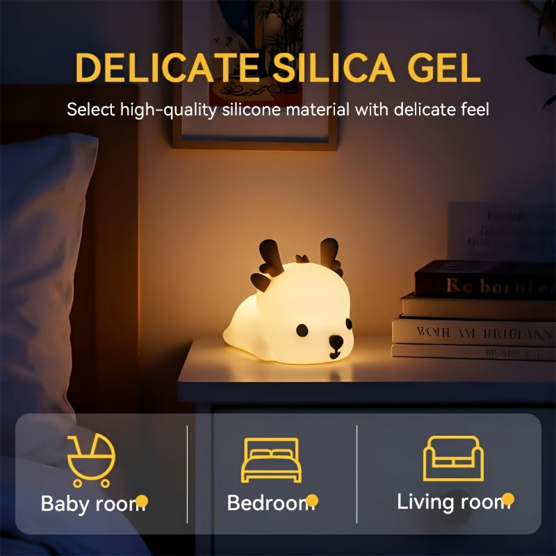 Deer-shaped night light on a bedside table with text about delicate silica gel and usage suggestions.