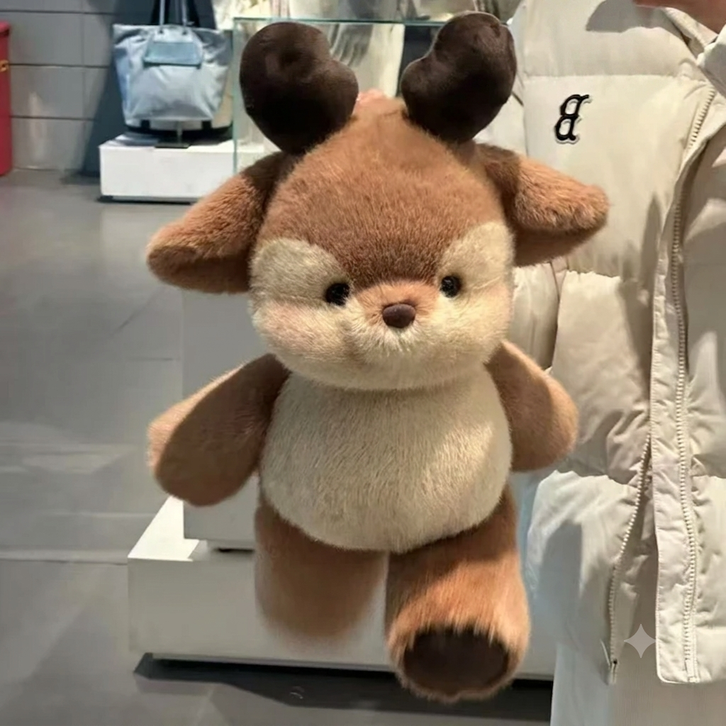 Plush toy with deer-like design on a stand in a store setting