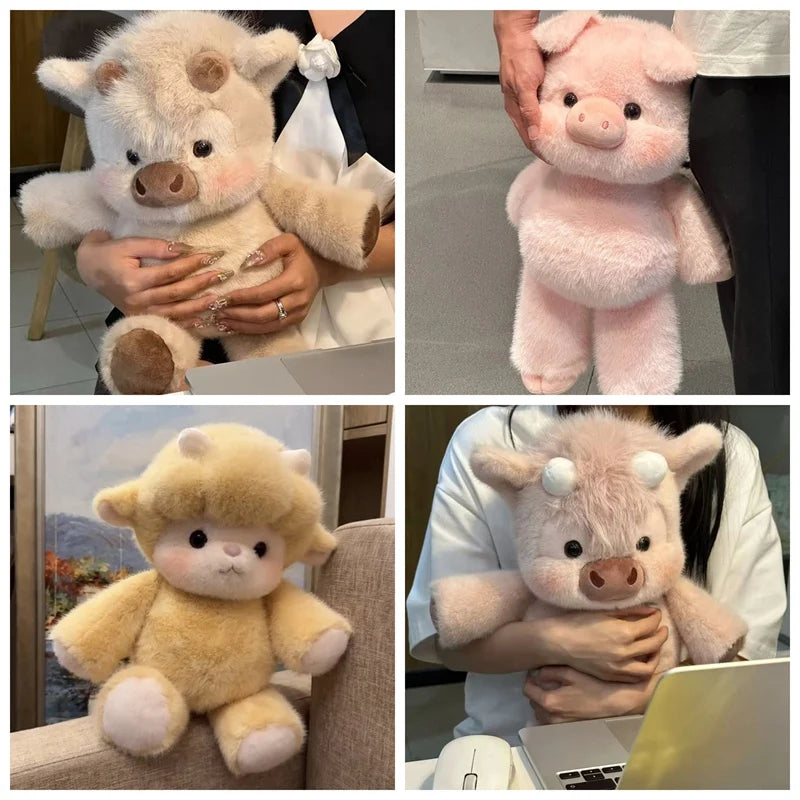 Collage of four images featuring plush toys resembling pigs and cows and a sheep.