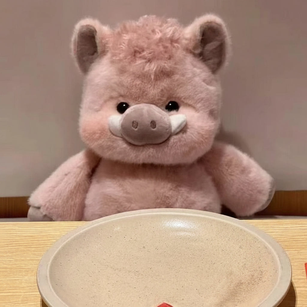 Pink plush hog toy sitting at a table with a bowl in front of it.