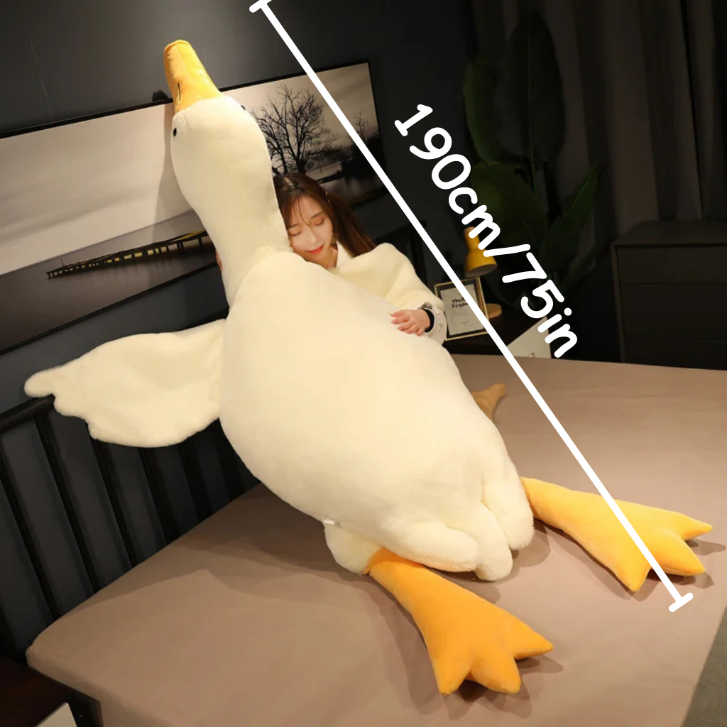 Grote pluche gans, maat aangegeven als 190 cm/75 inch.