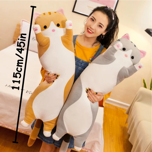 Woman holding two large cat-shaped pillows with text indicating size as 115cm/45in