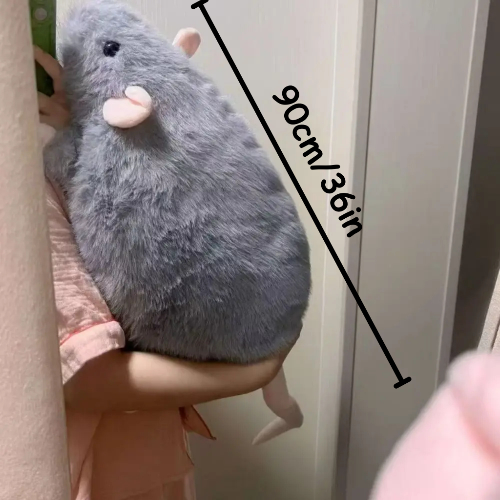 a person holding a giant 90cm/36in big cute fuzzy plush rat toy